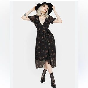 Disturbia Black Sheer Floral Midi Wrap Dress with Brown Accents